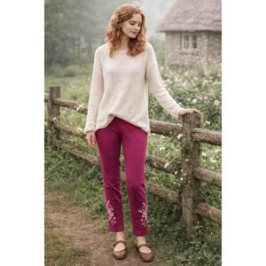 April Cornell Artisan-Style Embroidered Pants w/ folk floral detailing  Size XL